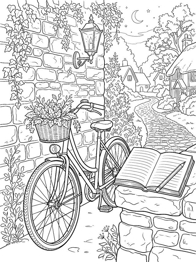 Free printable cozy coloring page — bicycle with basket and notebook