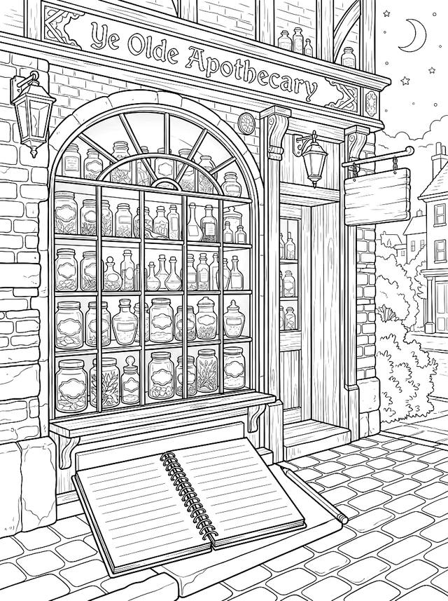 Free printable cozy coloring page — pharmacy shopfront