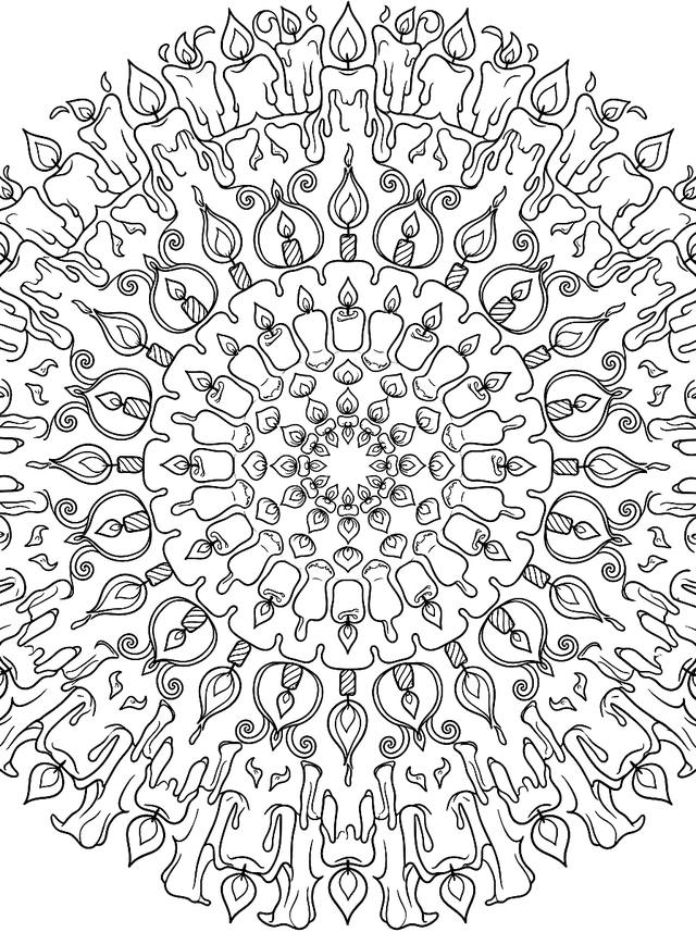 Free printable cozy coloring page — candle flames mandala