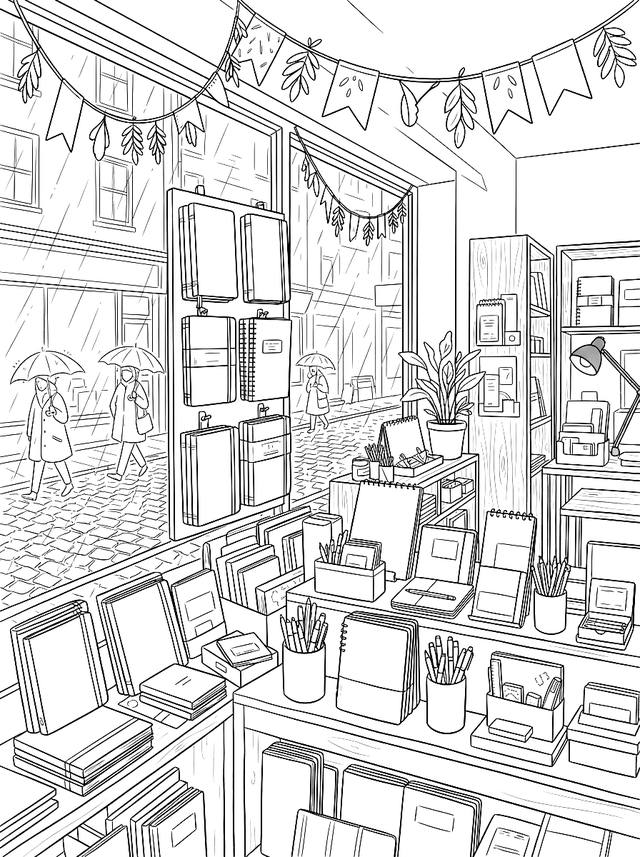 Free printable cozy coloring page — stationery shop window