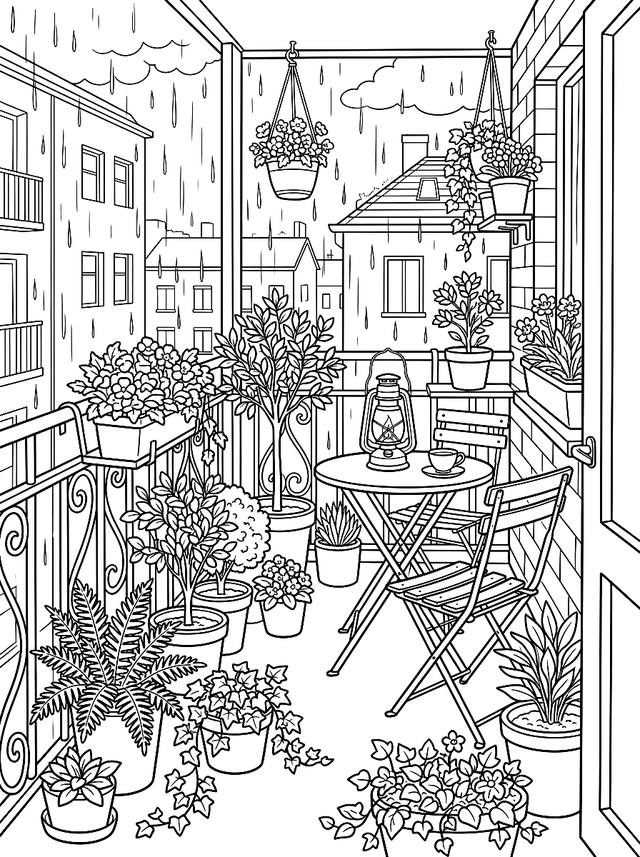 Free printable cozy coloring page — balcony full of plants