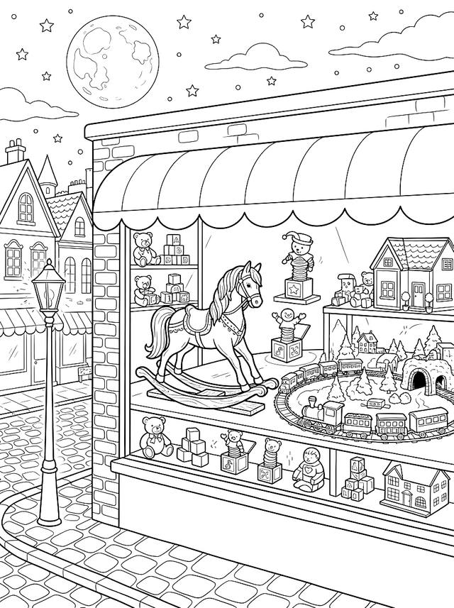 Free printable cozy coloring page — toy shop window
