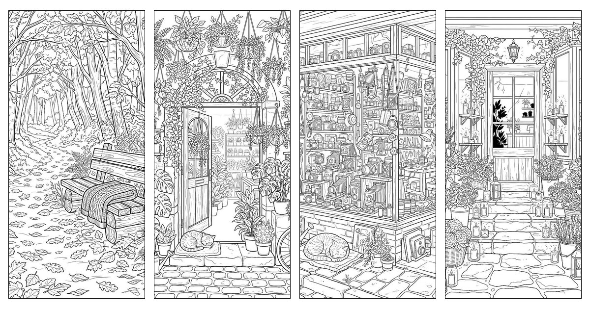 Cozy Places coloring pack — sample sheets