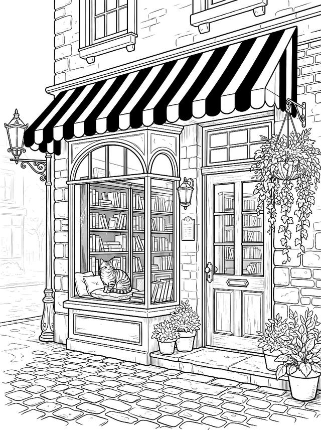 Free printable cozy corner coloring page — cat sitting in bookshop window