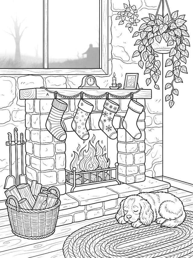 Free printable cozy corner coloring page — fireplace with sleeping dog
