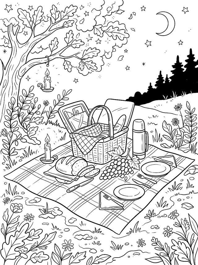 Free printable cozy corner coloring page — picnic blanket laid with food