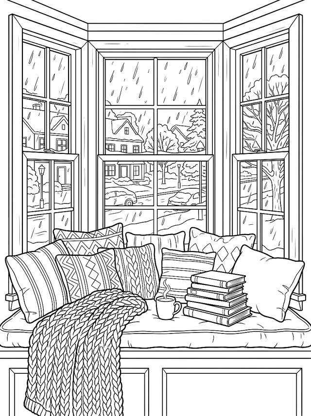 Free printable cozy corner coloring page — bay window seat with books