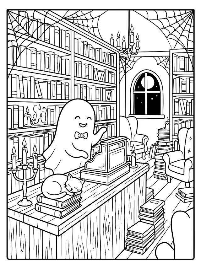 Free printable cozy corner coloring page — ghost in haunted bookshop