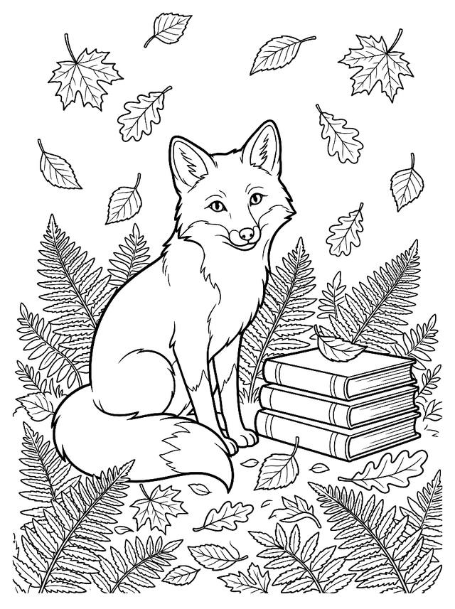 Free printable cozy corner coloring page — fox sitting among books