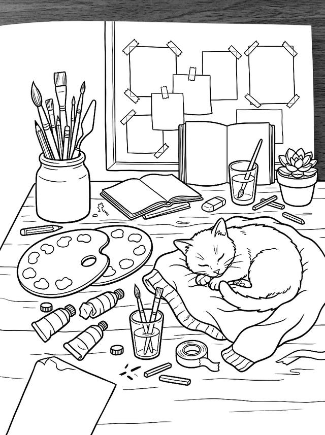 Free printable cozy corner coloring page — cat sleeping near art desk