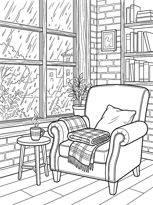 Free printable cozy corner coloring page — armchair by window