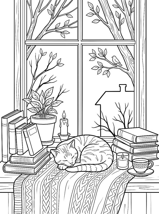 Free printable cozy corner coloring page — cat curled on window sill