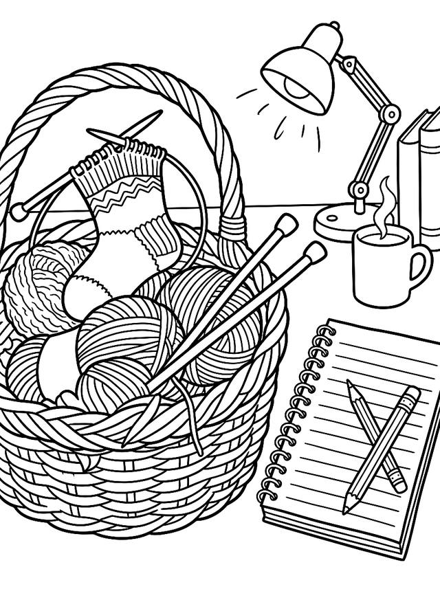 Free printable cozy corner coloring page — knitting basket