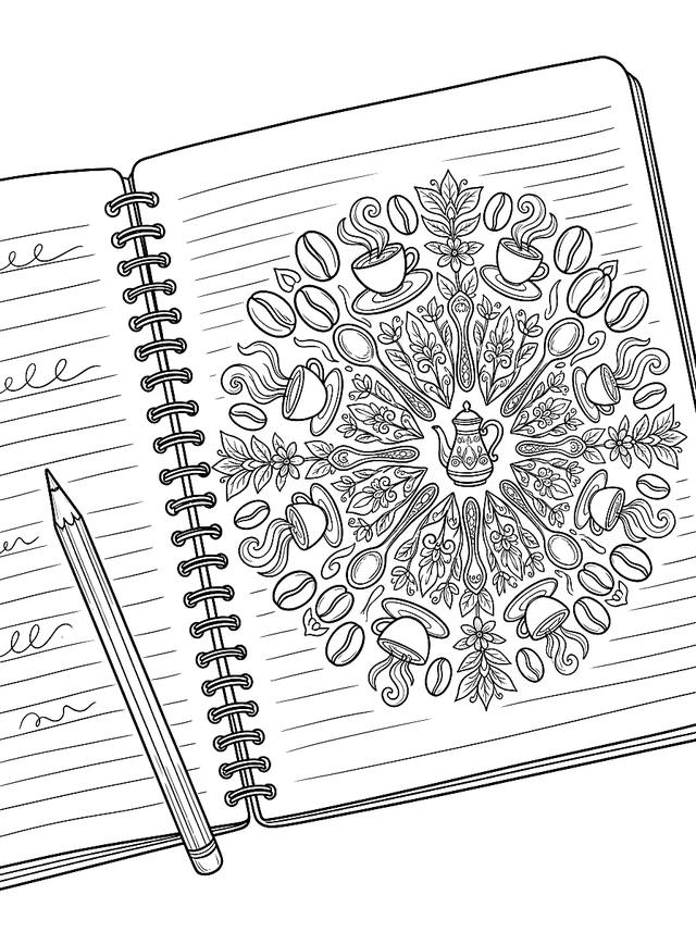 Free printable cozy corner coloring page — mandala of coffee and books