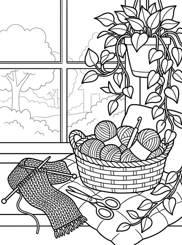 Free printable cozy corner coloring page — sewing corner with yarn