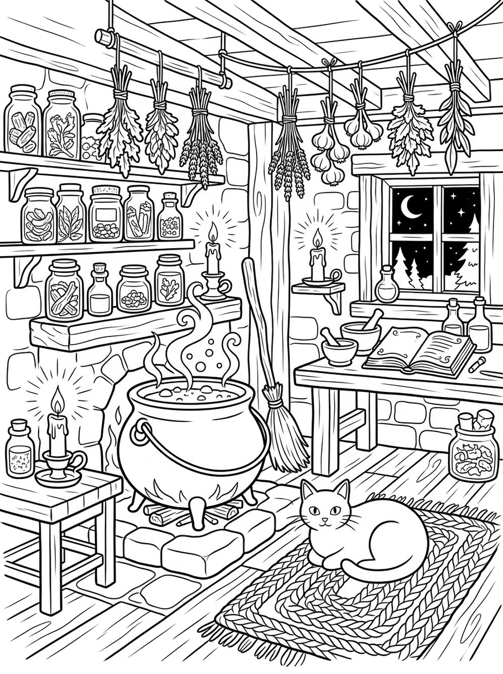 Free printable Halloween coloring page — a witch's kitchen with a bubbling cauldron, hanging herbs and a black cat