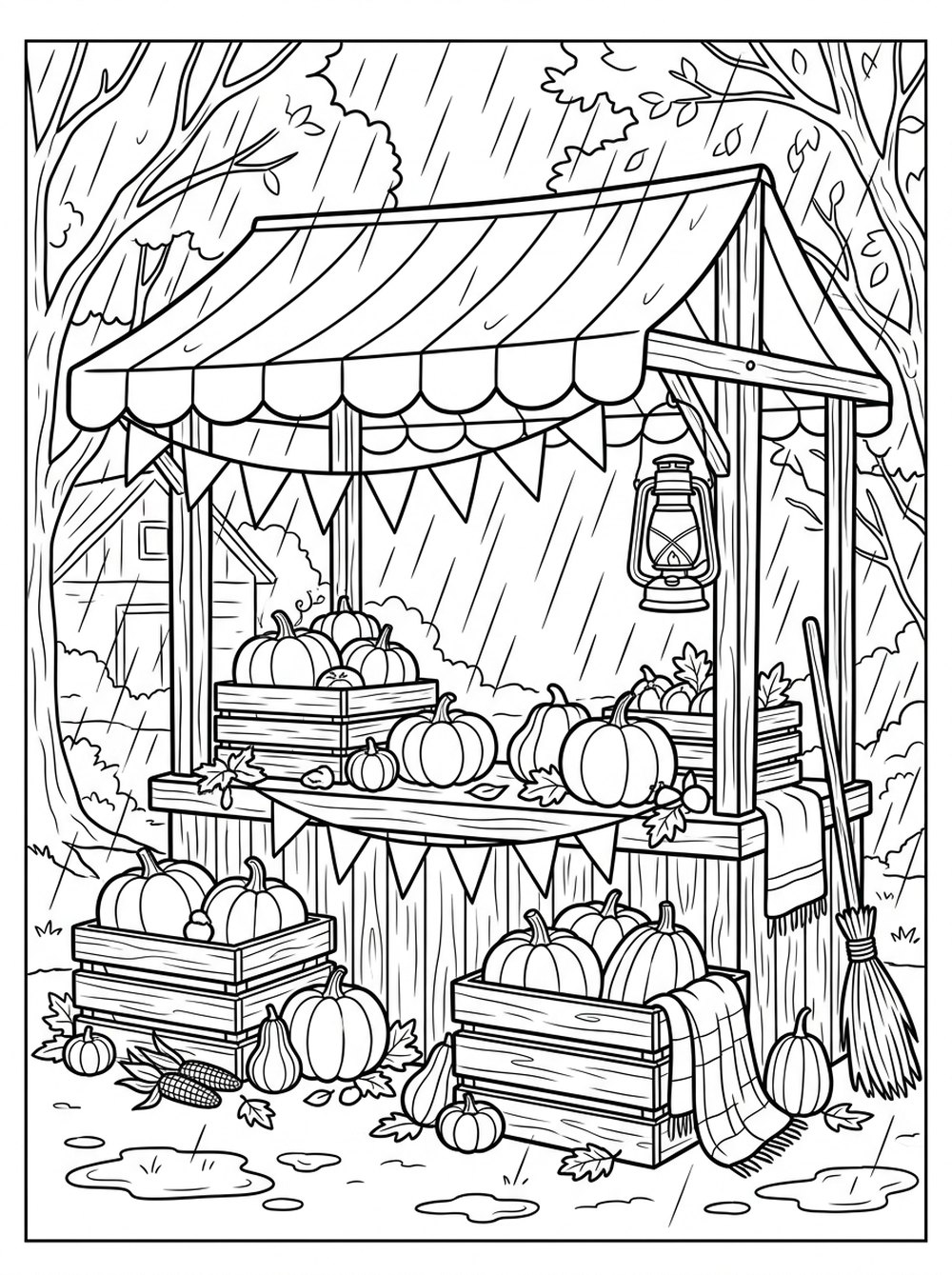 Free printable Halloween coloring page — a cosy pumpkin stall with crates, bunting and a lantern in the rain