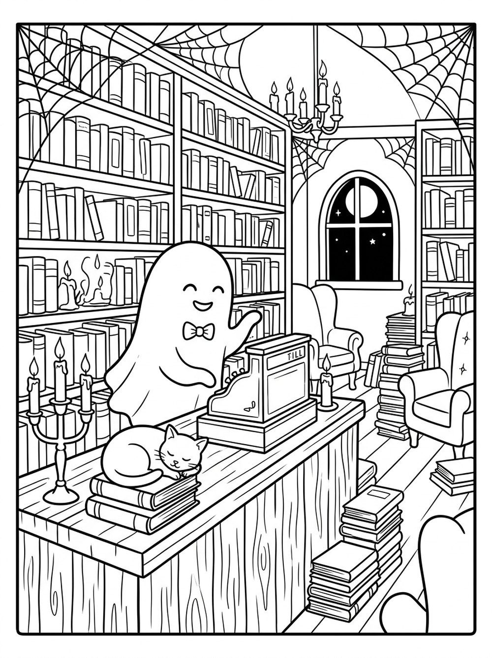 Free printable coloring page — a ghost in a haunted bookshop