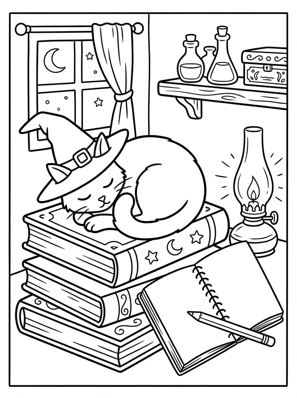 Free printable Halloween coloring page — a cat in a witch hat asleep on a stack of spell books