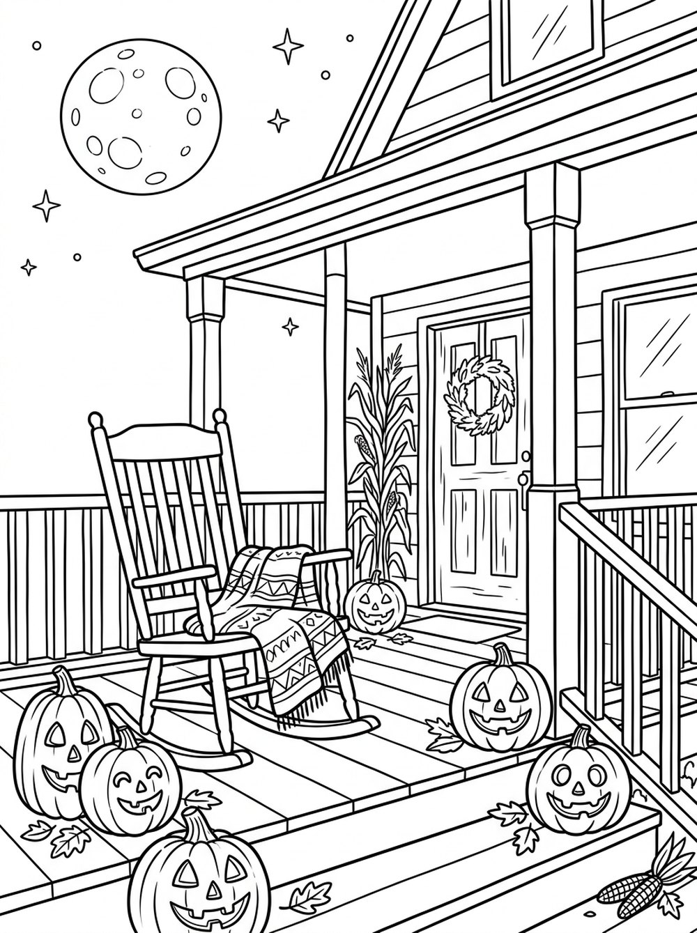 Free printable Halloween coloring page — a porch with carved jack-o-lanterns, a rocking chair and a blanket
