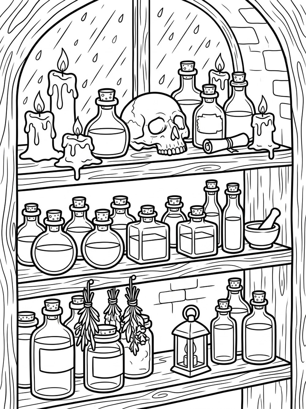 Free printable Halloween coloring page — a potion shelf with rows of corked bottles, a skull and dripping candles