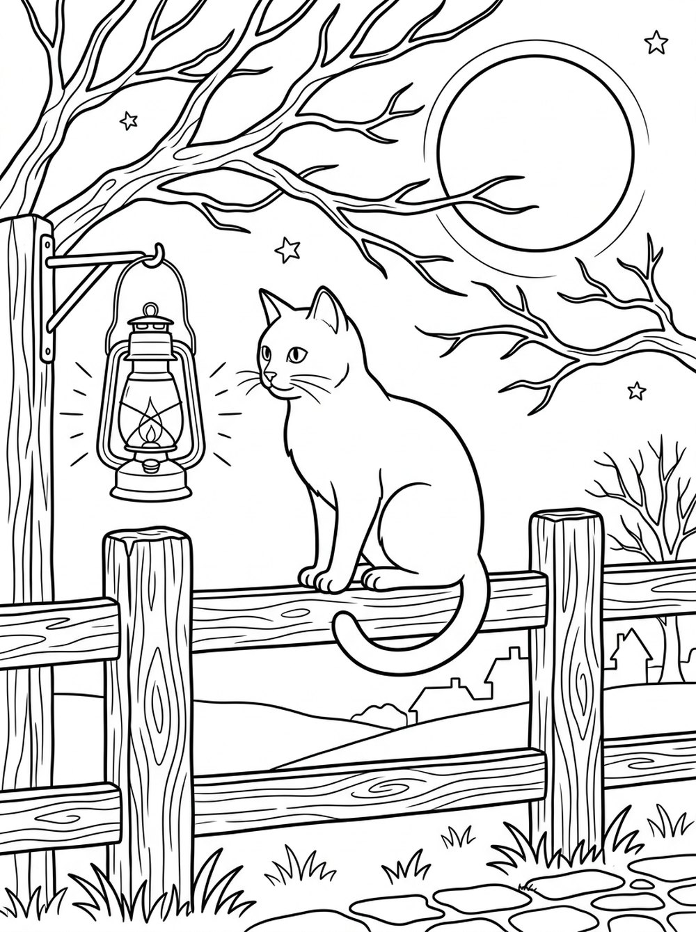 Free printable Halloween coloring page — a black cat on a fence under a full moon and bare branches
