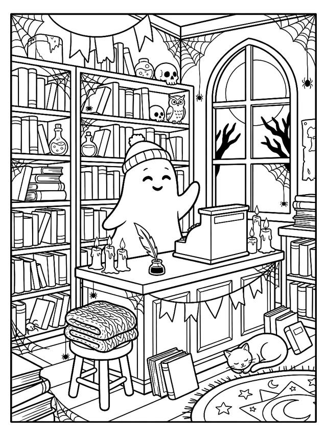 Free printable cozy halloween coloring page — ghost at bookshop till