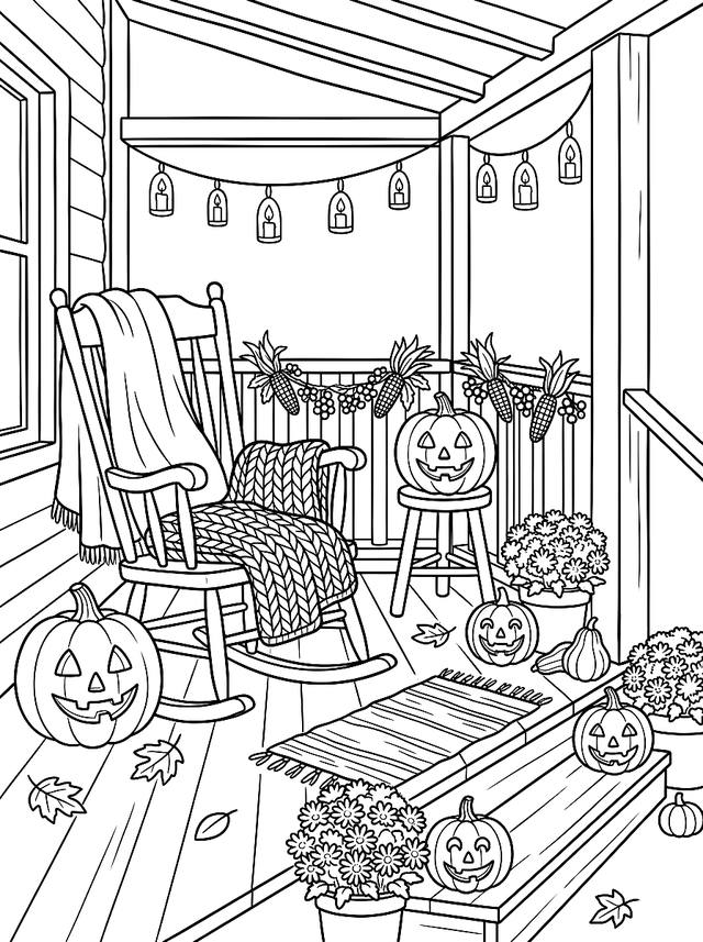 Free printable cozy halloween coloring page — porch with carved jack-o-lanterns