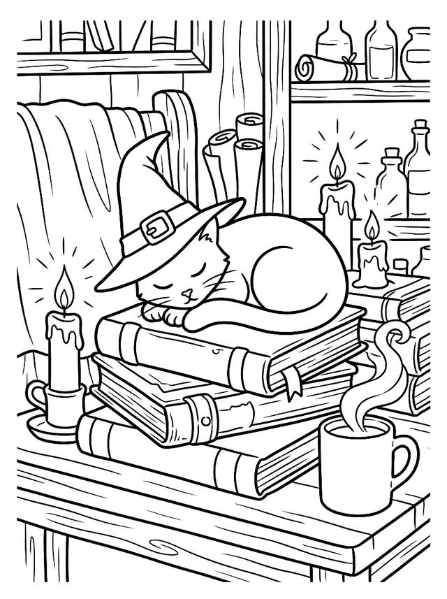 Free printable cozy halloween coloring page — cat wearing witch hat
