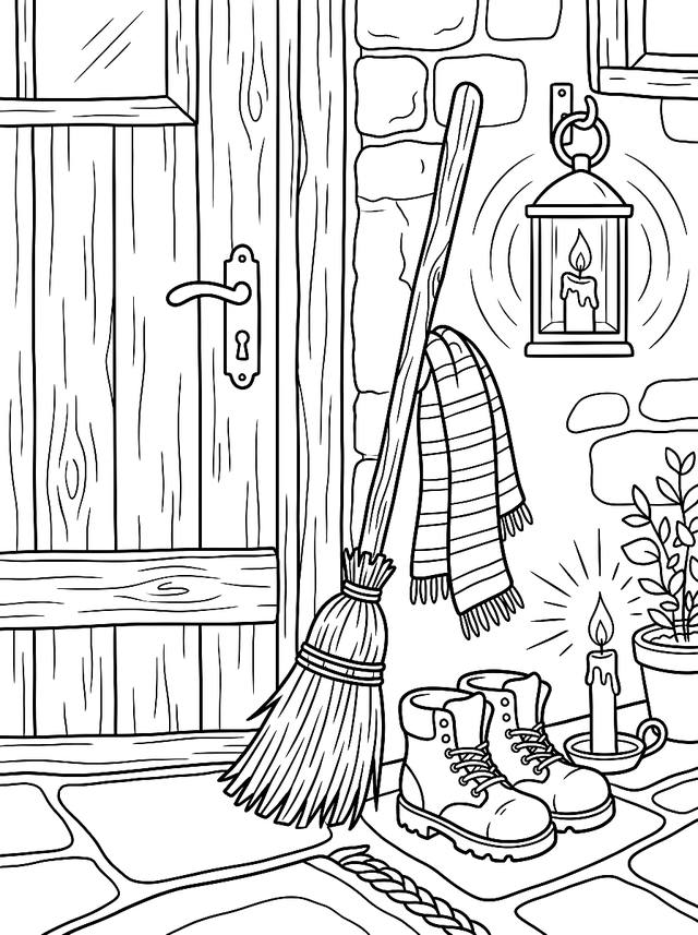 Free printable cozy halloween coloring page — broomstick leaning by door