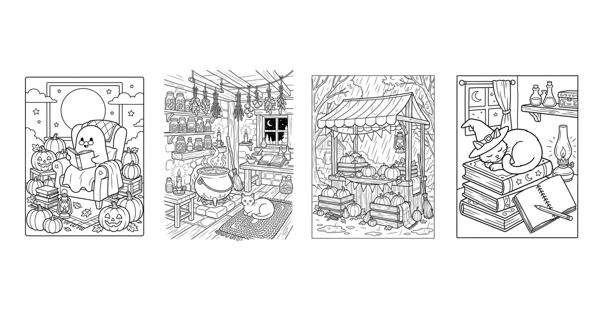 Cozy Halloween coloring pack — sample sheets