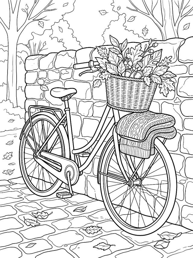 Free printable fall coloring page — bicycle with leaves