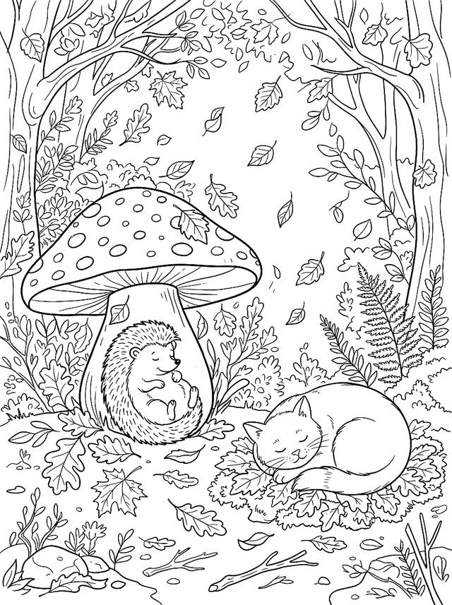 Free printable fall coloring page — hedgehog under a mushroom