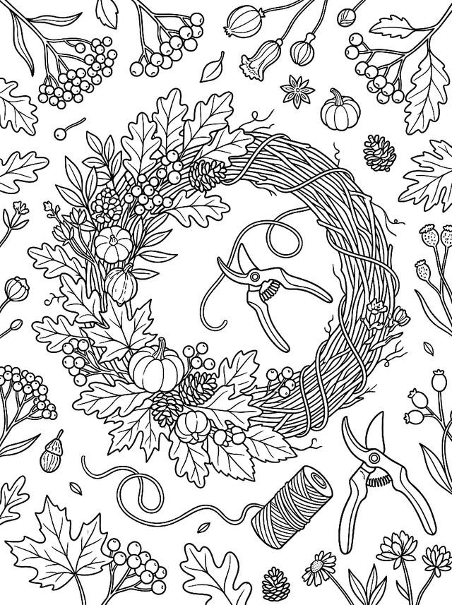 Free printable fall coloring page — autumn wreath