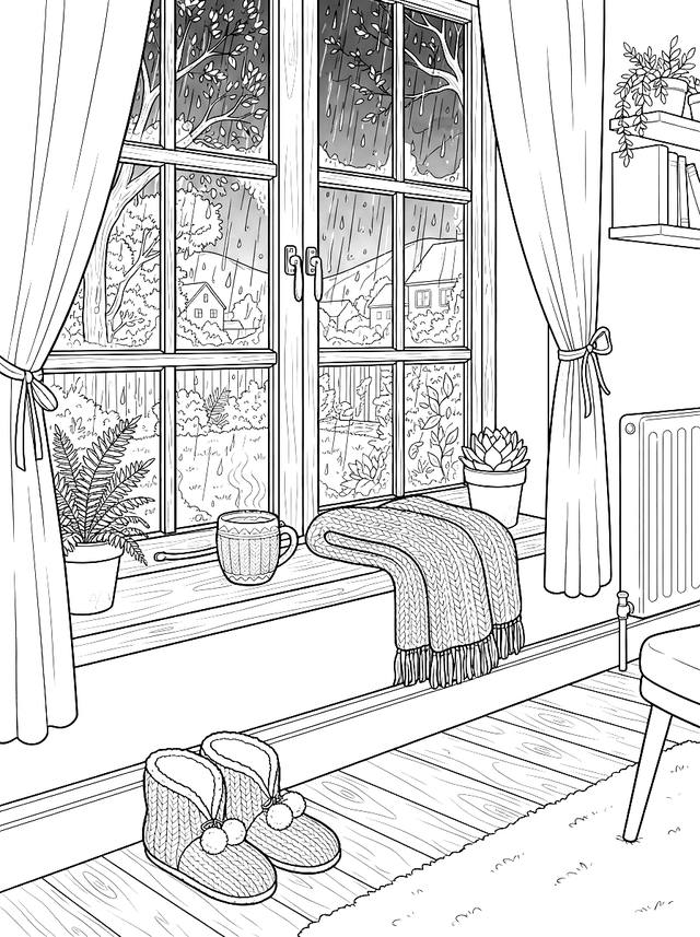 Free printable fall coloring page — window with rain and mug