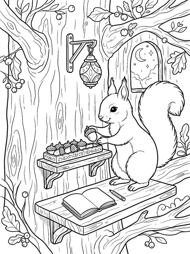 Free printable fall coloring page — squirrel arranging acorns on shelf