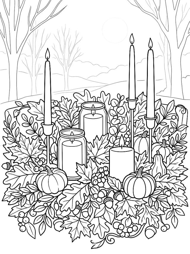 Free printable fall coloring page — candles, leaves and pumpkins