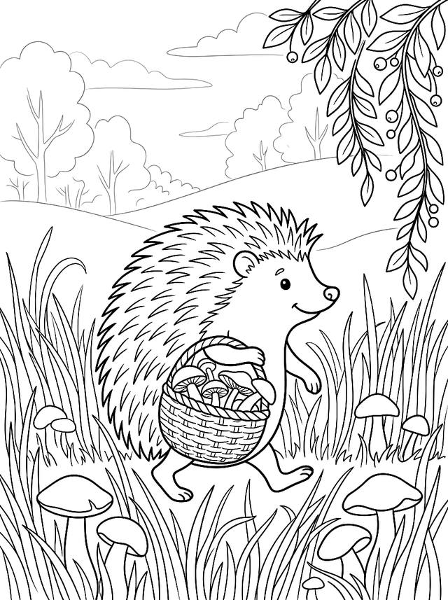 Free printable fall coloring page — hedgehog carrying a basket of mushrooms
