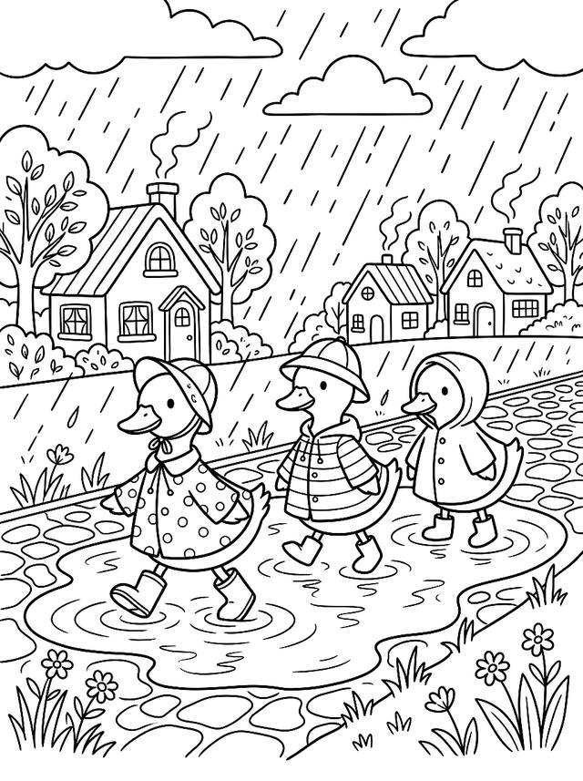 Free printable fall coloring page — ducks crossing puddle