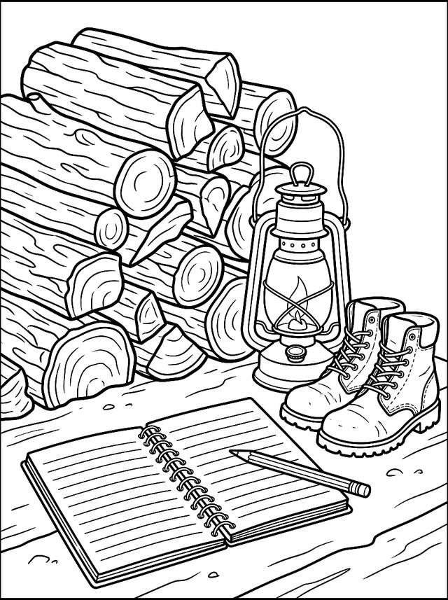 Free printable fall coloring page — firewood and boots