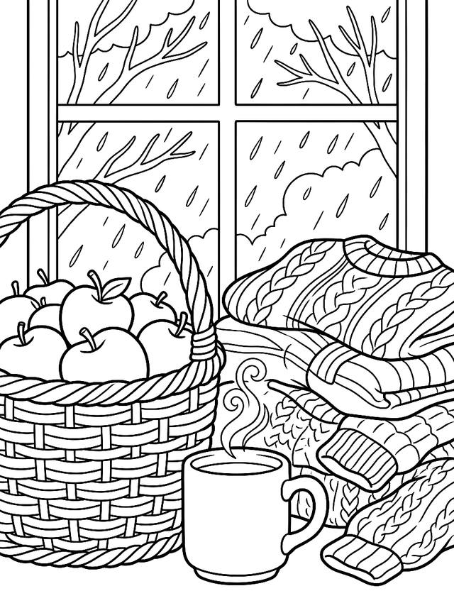 Free printable fall coloring page — knitted jumpers and apple basket