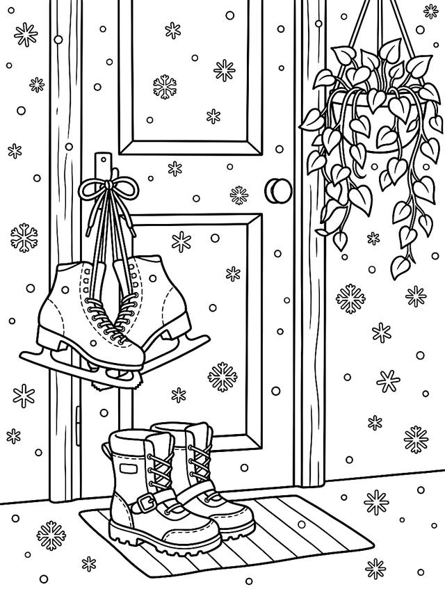 Free printable fall coloring page — skates and boots