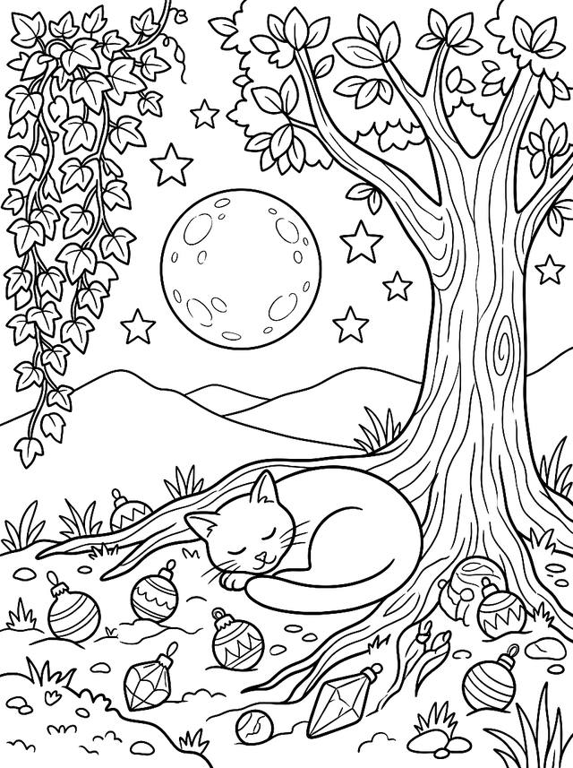 Free printable free printables coloring page — cat sleeping under tree