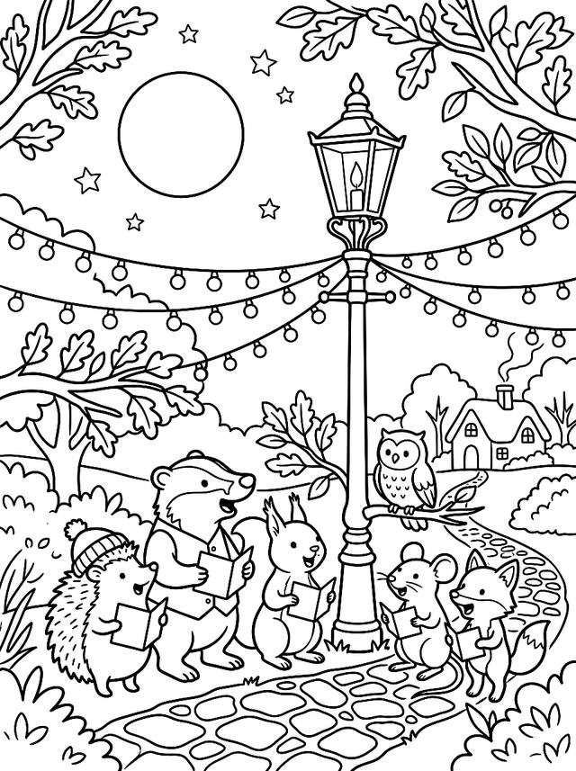 Free printable free printables coloring page — animals singing under lamppost