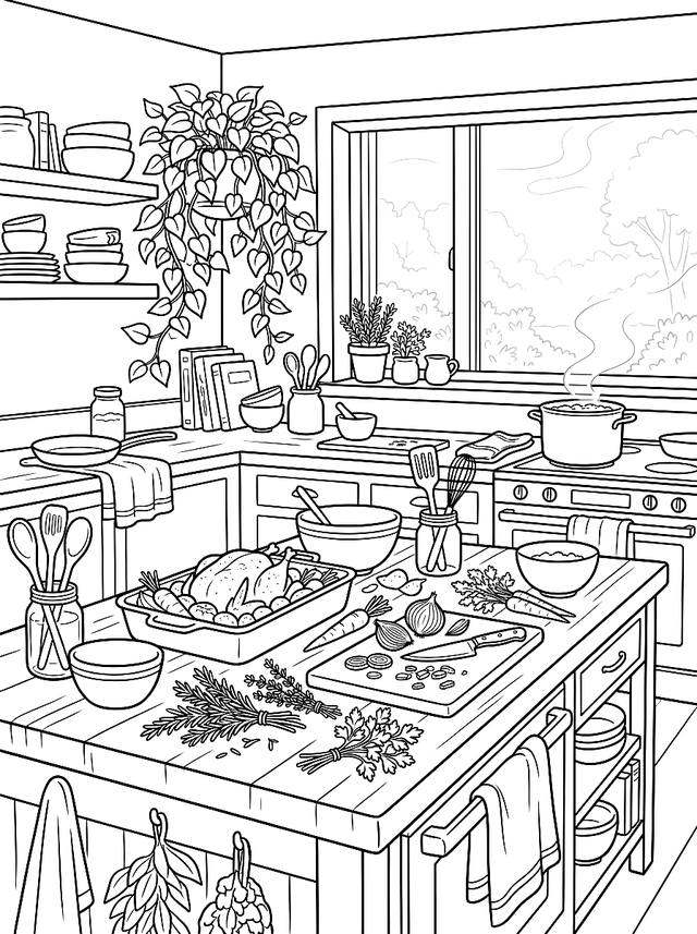 Free printable free printables coloring page — kitchen mid-preparation