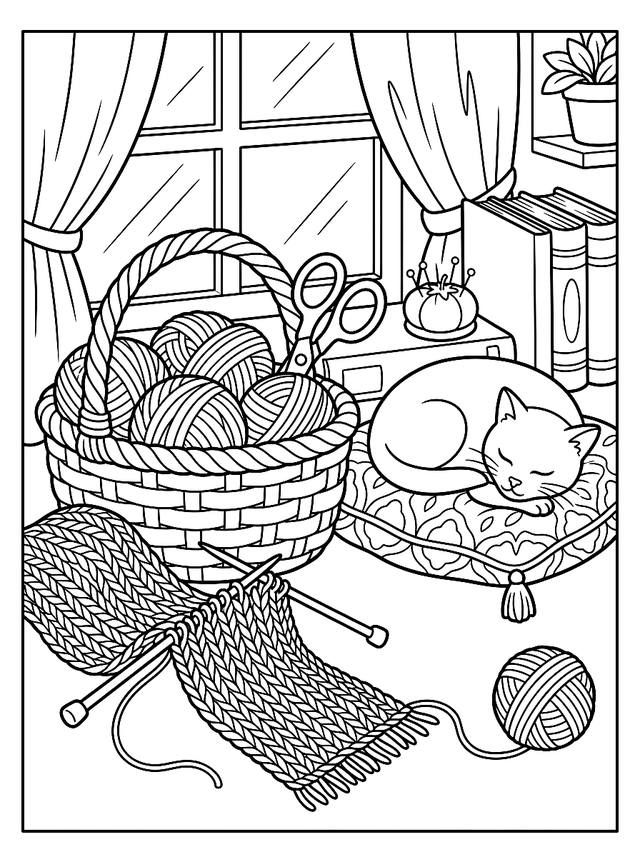 Free printable free printables coloring page — cat sleeping in sewing corner