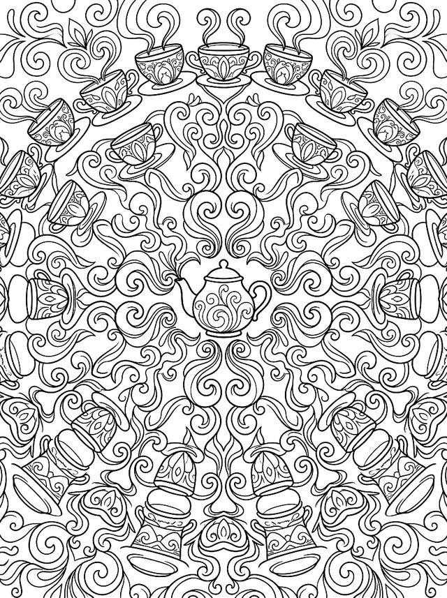 Free printable mandalas coloring page — mandala built from tea cups