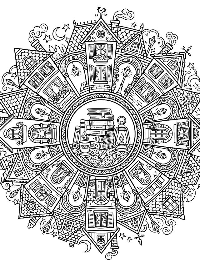 Free printable mandalas coloring page — mandala of windows and books