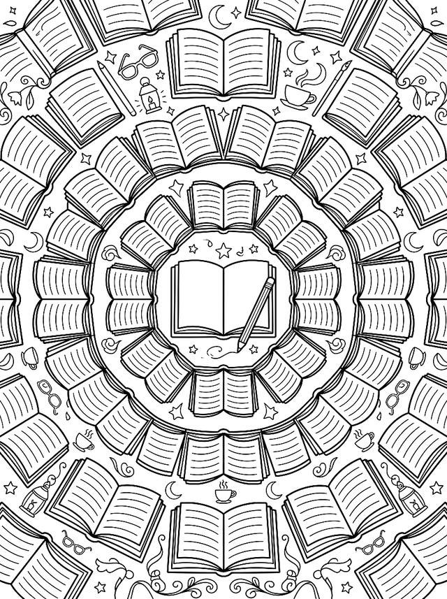 Free printable mandalas coloring page — mandala built from open books