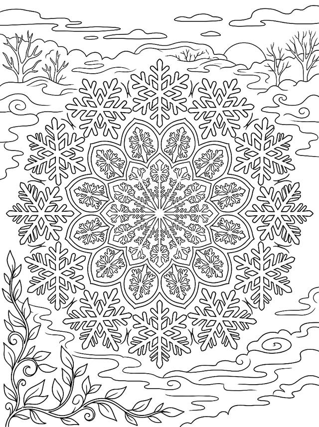 Free printable mandalas coloring page — mandala of snowflakes